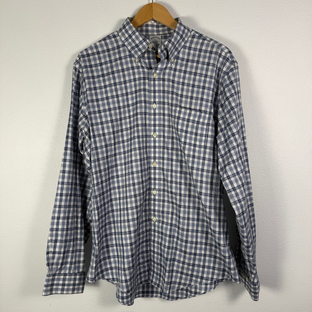 Brooks Brothers Button Down Mens L Blue Excellent Slim Fit Non Iron Plaid Shirt